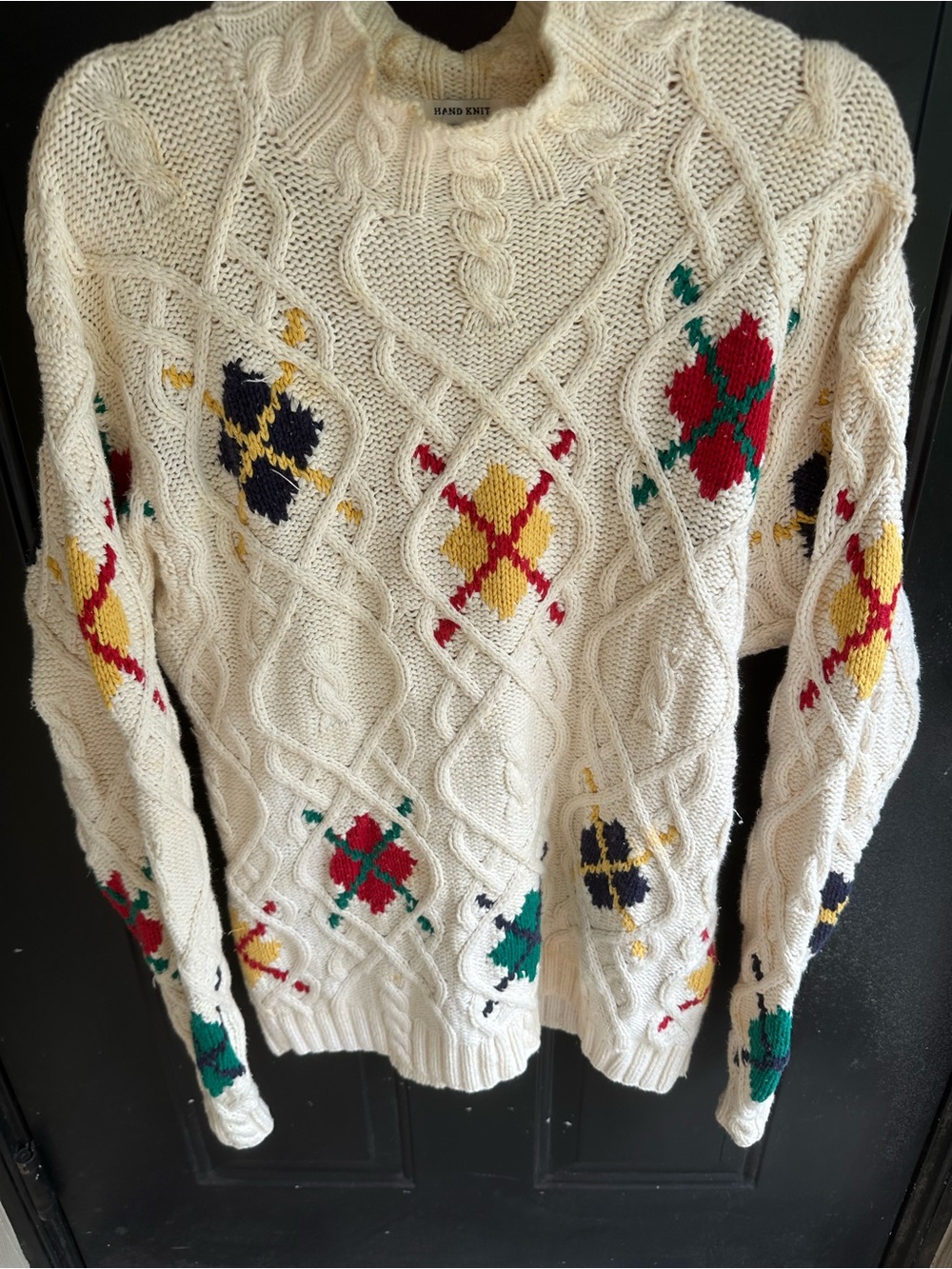 Hand Knit Cream Cable Crewneck Sweater with Multicolor Argyle Motifs